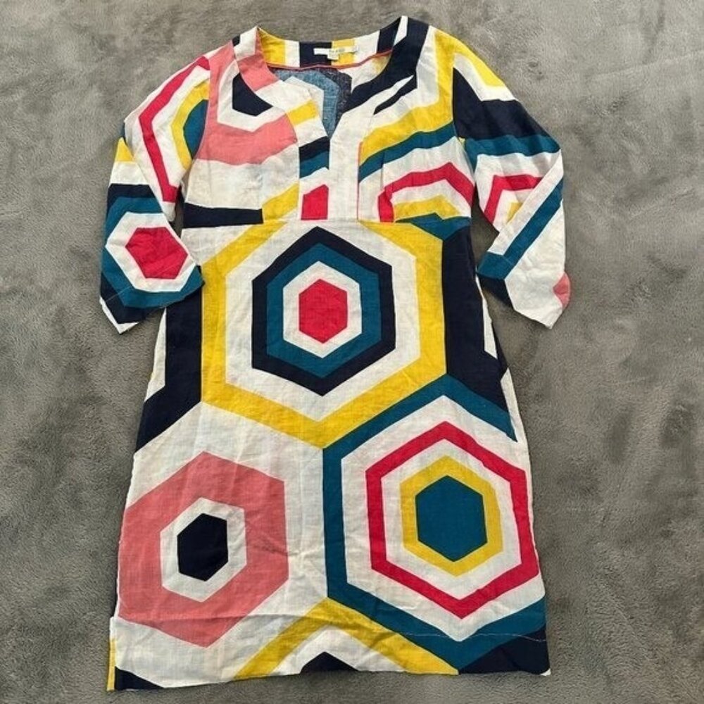 Boden 100% Linen Geometric Print Dress Women's size 8 Long Tall